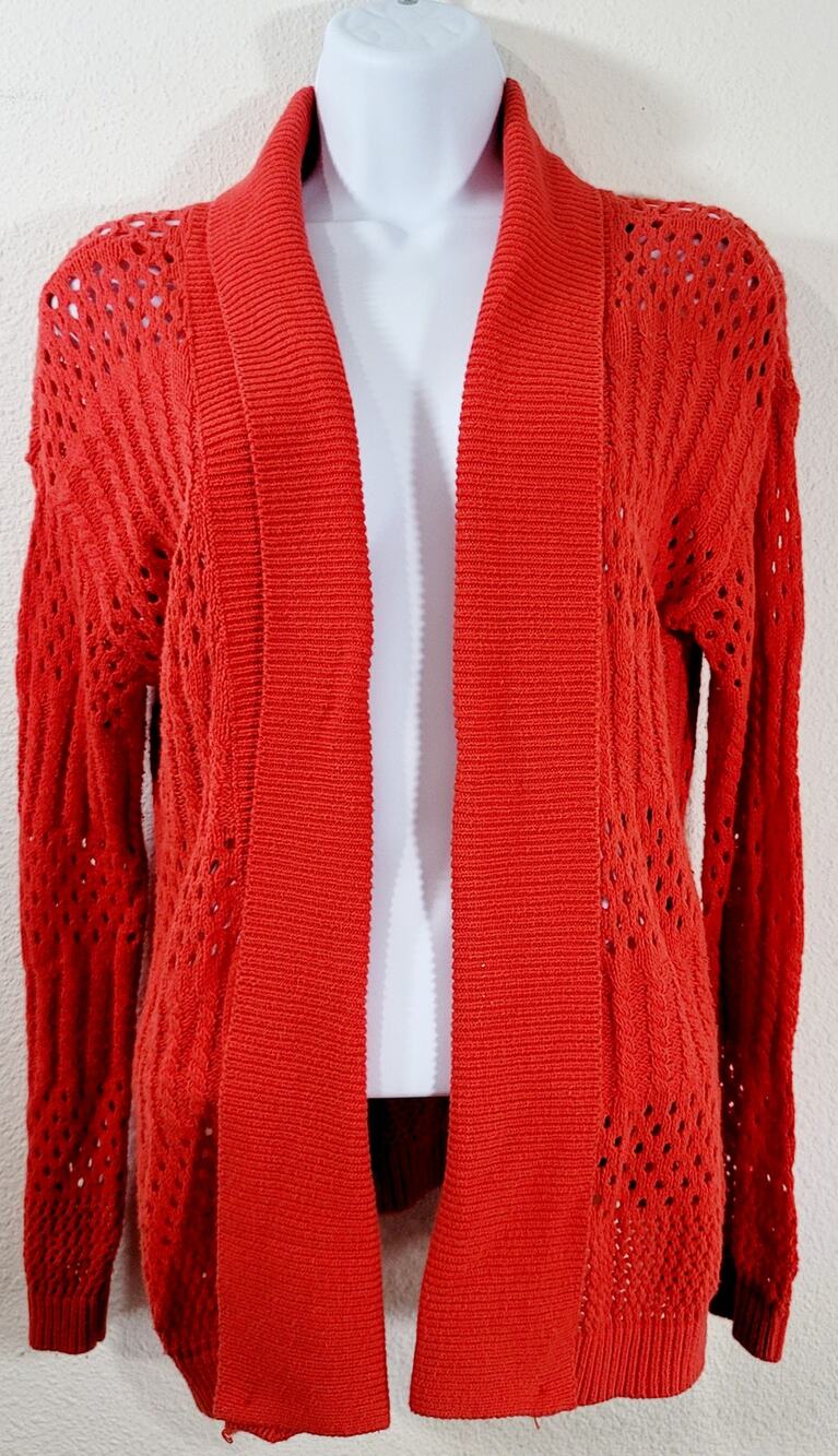 Verve Red Orange Open Front Open Knit Cardigan Sweater Small Lightweight Soft